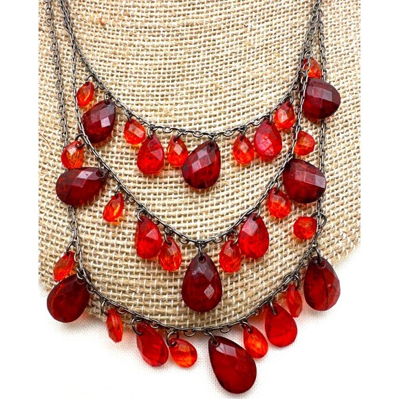 Vintage Boho Red Orange Tiered Bead Necklace Multi Layers Timeless Fash - Picture 1 of 5